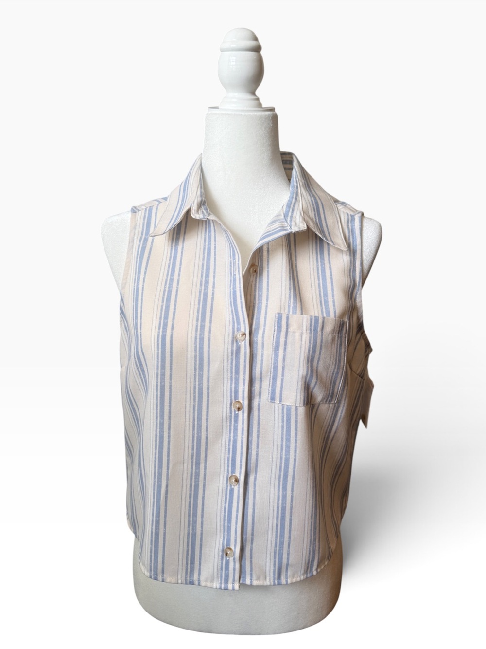 Sleeveless Button-Down Striped Shirt in Blue and Cream